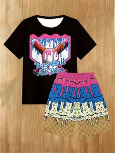 Boys' Trendy Ice Cream Baseball Set, Fashionable 3D Print Casual Hoodie Short Sleeve Shorts, Outdoor Sports T-Shirt Pant Set, Athletic, Clothing Sets