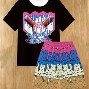 Boys' Trendy Ice Cream Baseball Set, Fashionable 3D Print Casual Hoodie Short Sleeve Shorts, Outdoor Sports T-Shirt Pant Set, Athletic, Clothing Sets