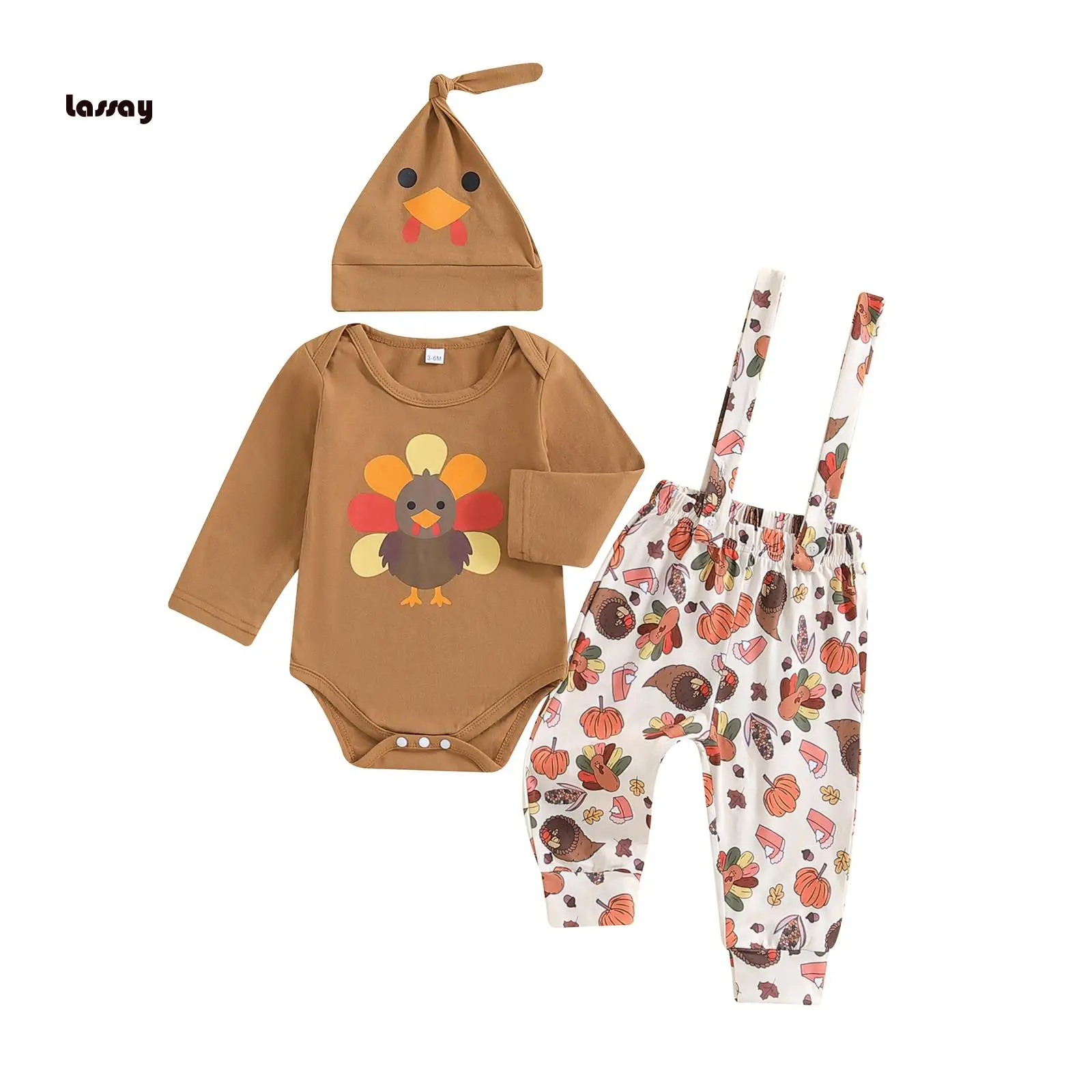 Baby Boy Outfit, Long Sleeve Turkey Print Romper with Overall Pants and Hat Thanksgiving Clothes