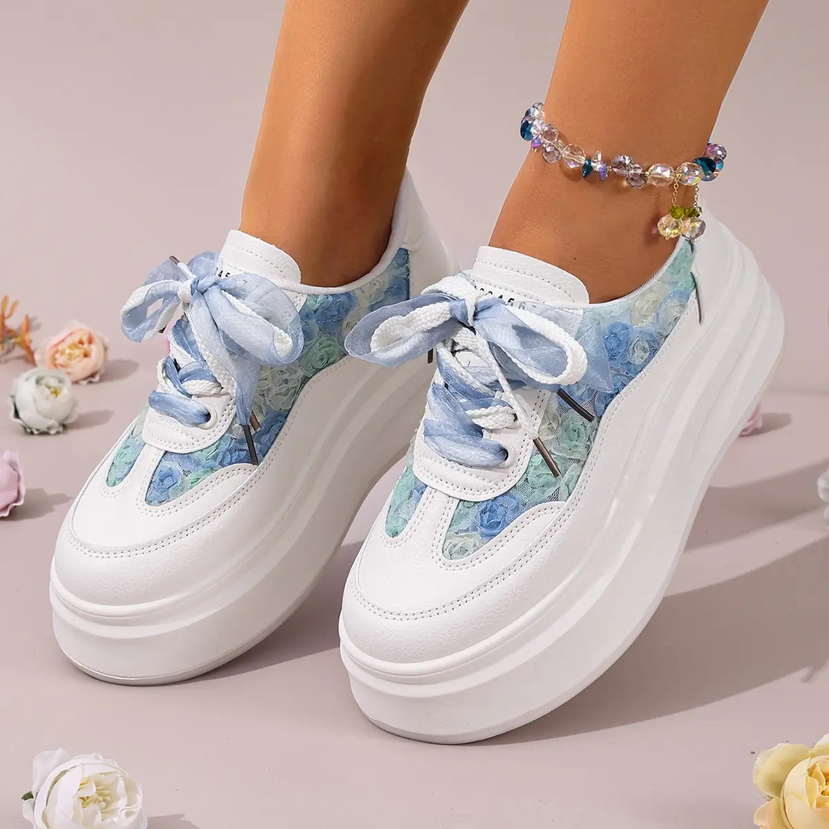 AOPLUS Women's Closed Platform Trainer Sneakers - Blue Floral, Wide Toe Box, Anti-Slip Thick Sole, Coquette Aesthetic, All-Day Comfort Walking Shoes for Foot Pain Relief