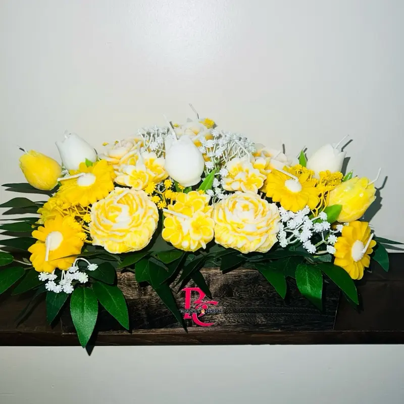 Center Piece Candles with Yellow Rose Accents and Decorative Elements