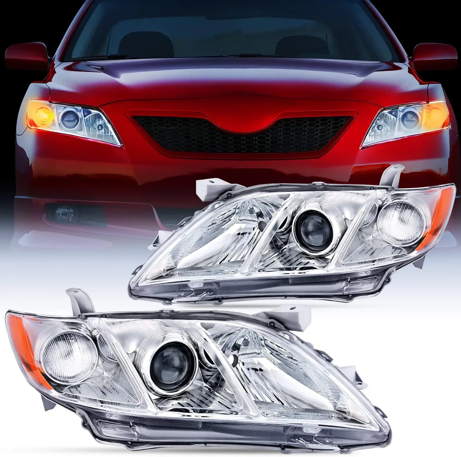 Nilight Vented Headlight Assembly - Front High Lumen Front Light Replacement for 2007-2009 Toyota Camry, Chrome Housing, Amber Reflector, Adjustable, Waterproof, Leakproof, Corrosion Resistant, Driver & Passenger Side