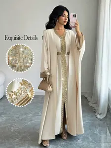 Women's Casual Green Lace Patchwork Dress With Loose Outer Robe, 2-Piece Set, Early Spring
