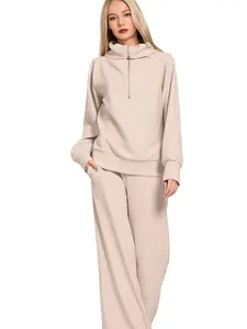2 Piece Ribbed High Neck Half Zip Pullover & Pants Set