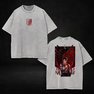 Levi Ackerman x Attack on Titan Manga Anime Double Printed Washed Shirt Heavyweight Cotton Viral Anime Double Printed Vintage Washed Tee Unisex Oversize Heavyweight Cotton T-shirt for Anime Fans and Lovers Fabric Menswear graphic teetrendr Anime tshirt