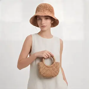 Round Top Handle Straw Bag For Women Woven Summer Bag Large Capacity Tote Bag For Half-Round Woven Straw Bag