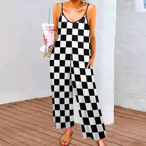 Black White Race Checkered Flag Pattern Womens Suspender Jumpsuits Sleeveless Straps Casual Loose Overall