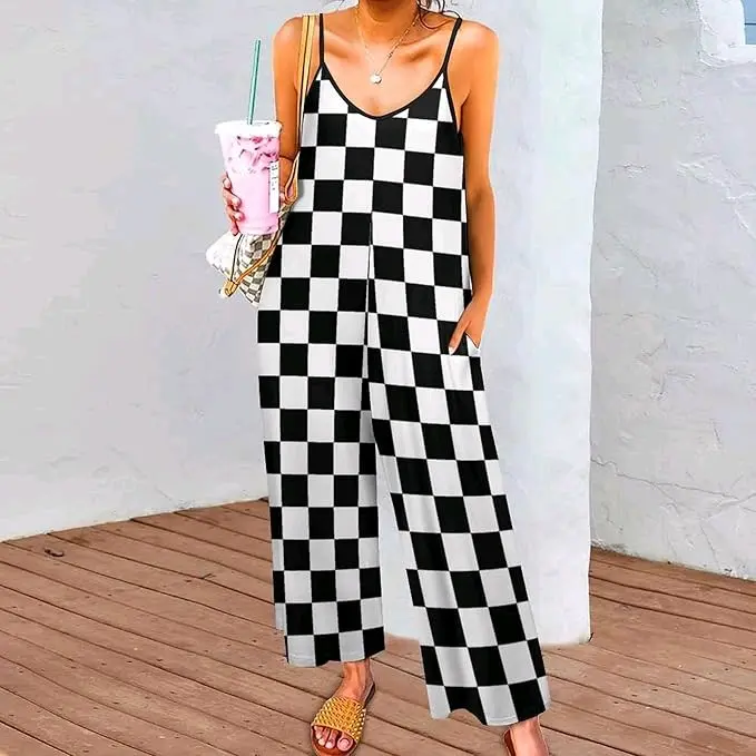 Black White Race Checkered Flag Pattern Womens Suspender Jumpsuits Sleeveless Straps Casual Loose Overall