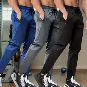 Men's 3-Piece Lightweight Ice Silk Jogger Set - Zippered Pockets - Drawstring Waistband - Breathable Quick-Dry Fabric - Casual Versatile Pants - Suitable for Sports, Gym, Everyday Wear