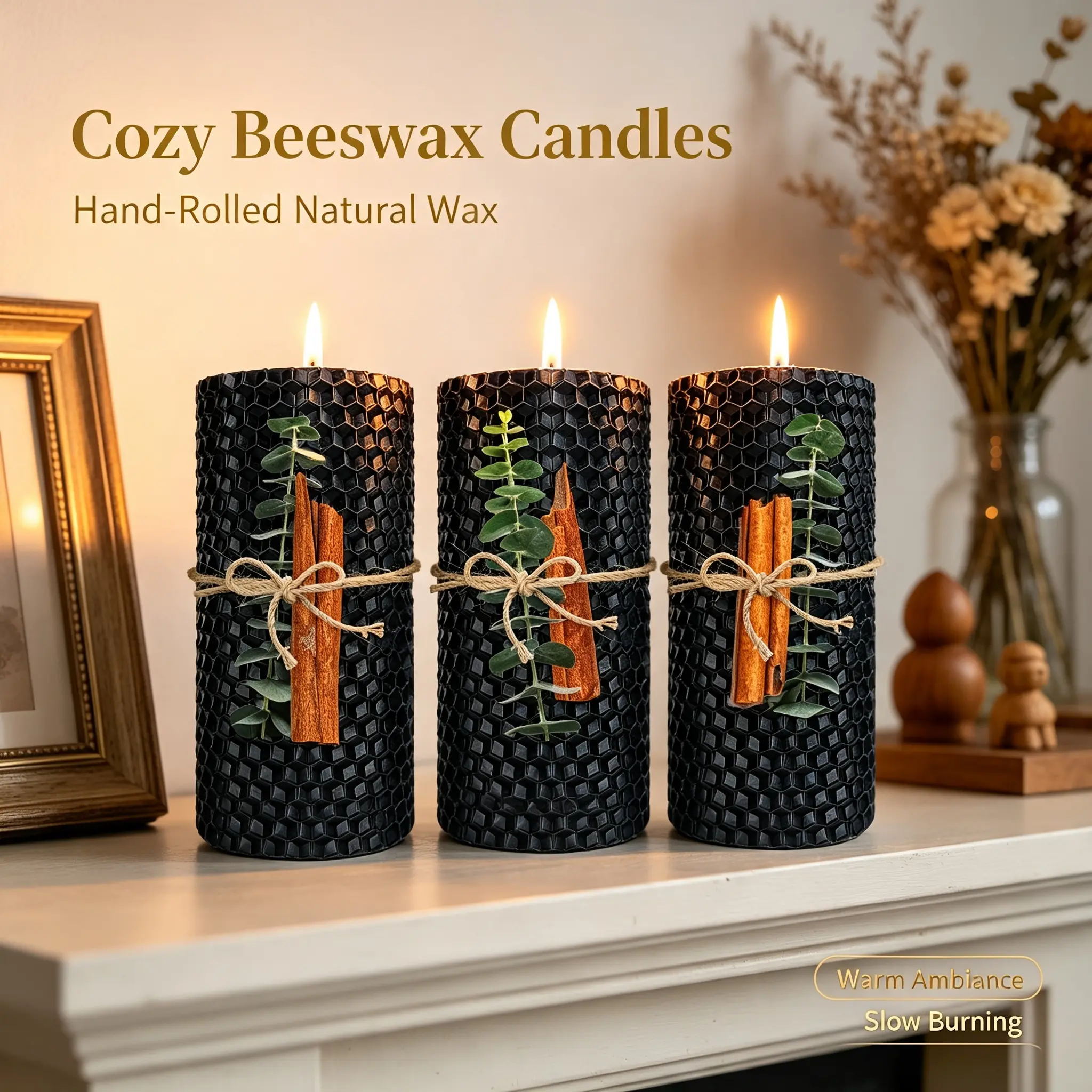 Black beeswax pillar candles with a cinnamon scent, 10x5 cm, smokeless and unscented beeswax candle set, burns up to 5 hours, perfect for holiday celebrations, wedding decorations, home altar rituals, meditation, and home decor, Halloween, Christmas
