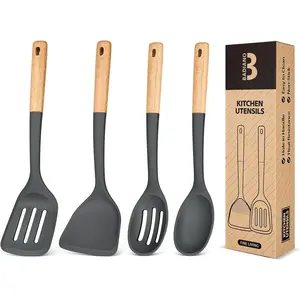 Silicone Cooking Utensils Set, Perfectly Angled for Frying, Mixing,Serving,Draining,Turning and Stirring, BPA-Free Matte Silicone, Wood Handles, Safe for Nonstick Cooking Surfaces,4 Pack (Grey)