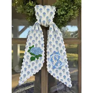 Custom Hydrangea Ribbon Sash for Wreath, Personalized Embroidery Door Accent