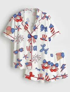 Women’s Patriotic USA Pajama Set, 4th Of July Balloon Dog Satin PJs, American Bow Fireworks Sleepwear