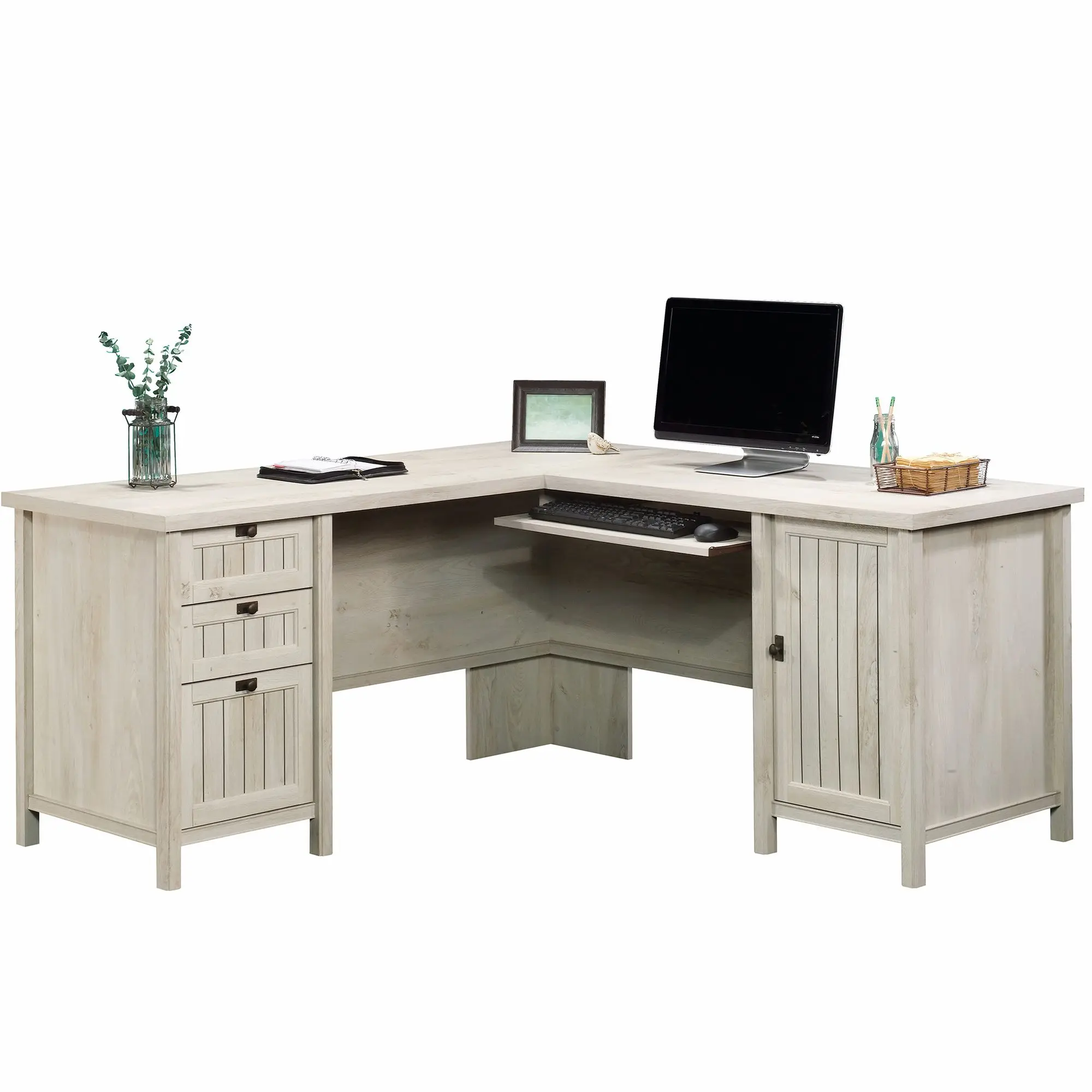 Sauder Costa L-Shaped Armless Office Desk - Durable Home Office Furniture, Slide-Out Keyboard Shelf, Storage Drawers, Storage Organization, Compact Setup, Contemporary Design, Assembly Required (L-Shaped Modular Desks & Workstations)