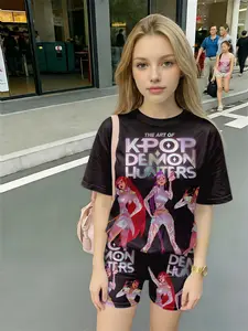 K-Pop Demon Hunters Cartoon Girl Group Print Short Sleeve Top & Shorts Set, Casual Asymmetrical Two-Piece, Trendy Hot Sister Look