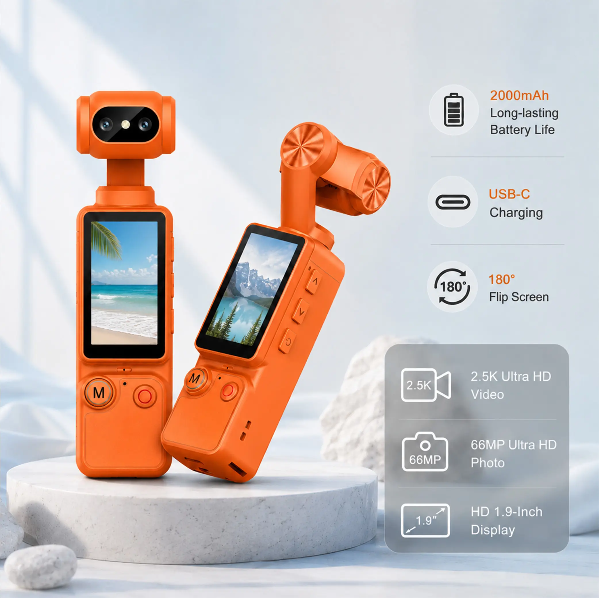 Portable 1080P Pocket Camera with 180-Degree Rotating Lens, 1.9-Inch Screen, Type-C Charging, Built-In Mic and Speaker for Travel, Campus Life,  Vlogging Camera