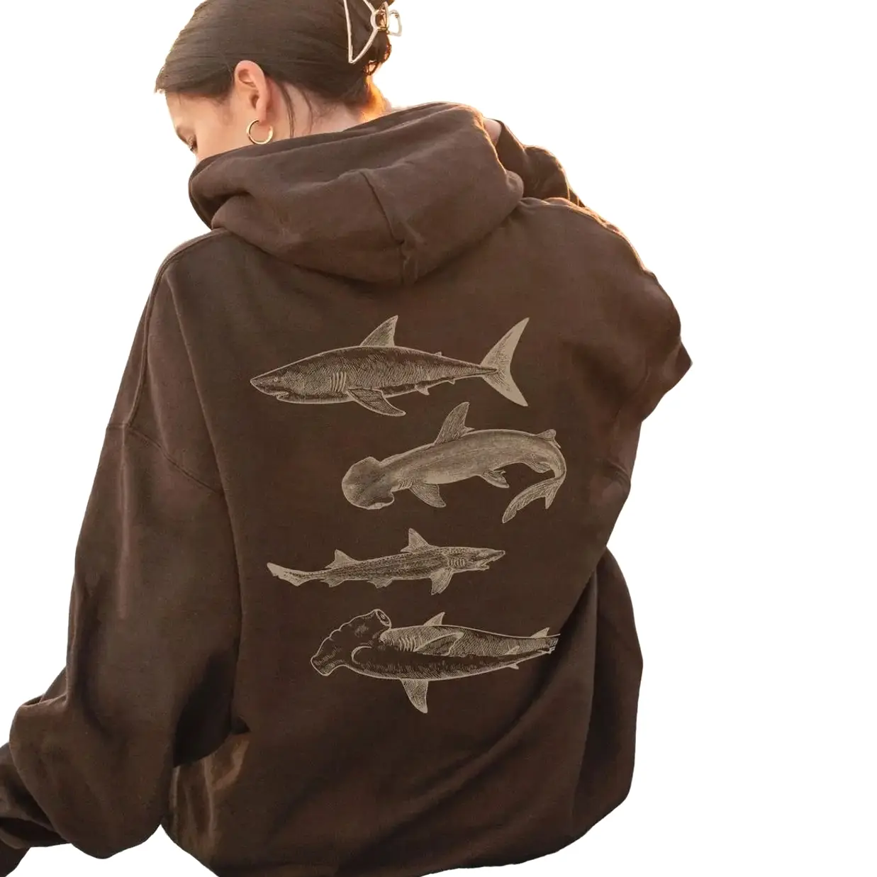 Vintage Shark Hoodie, Great White Hooded Sweater, Vintage Marine Life Graphic Sweatshirt, Ocean Marine Shark Graphic Pullover