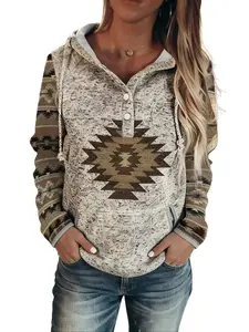 Women's Vintage Aztec Geometric Print Hoodies,Sweatshirt with Henley Button Placket, Long Sleeve Casual Pullover with Drawstring,Western Style Lightweight Hoodie for Daily Wear