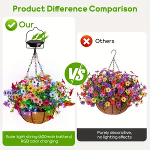 Solar Flower Basket Lights, Beautiful Artificial Flowers, Solar Powered RGB String Lights Free Adjustable Decoration, Outdoor Flower Basket Hanging Plants for Yard, Lawn, Garden Decoration