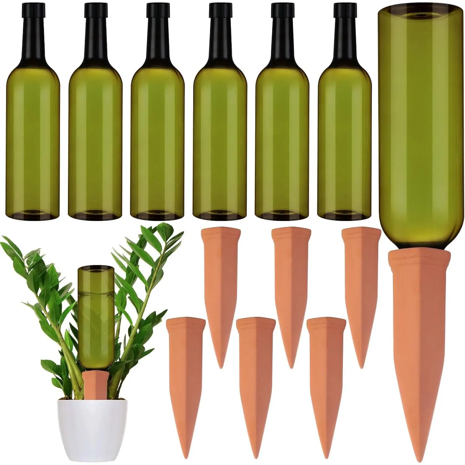 6 Sets  Watering Devices Include Terracotta Self Watering Spikes and 26 oz Plastic Bottles, Slow Release Vacation Insert Automatic  Waterer Device (Green and Terracotta)