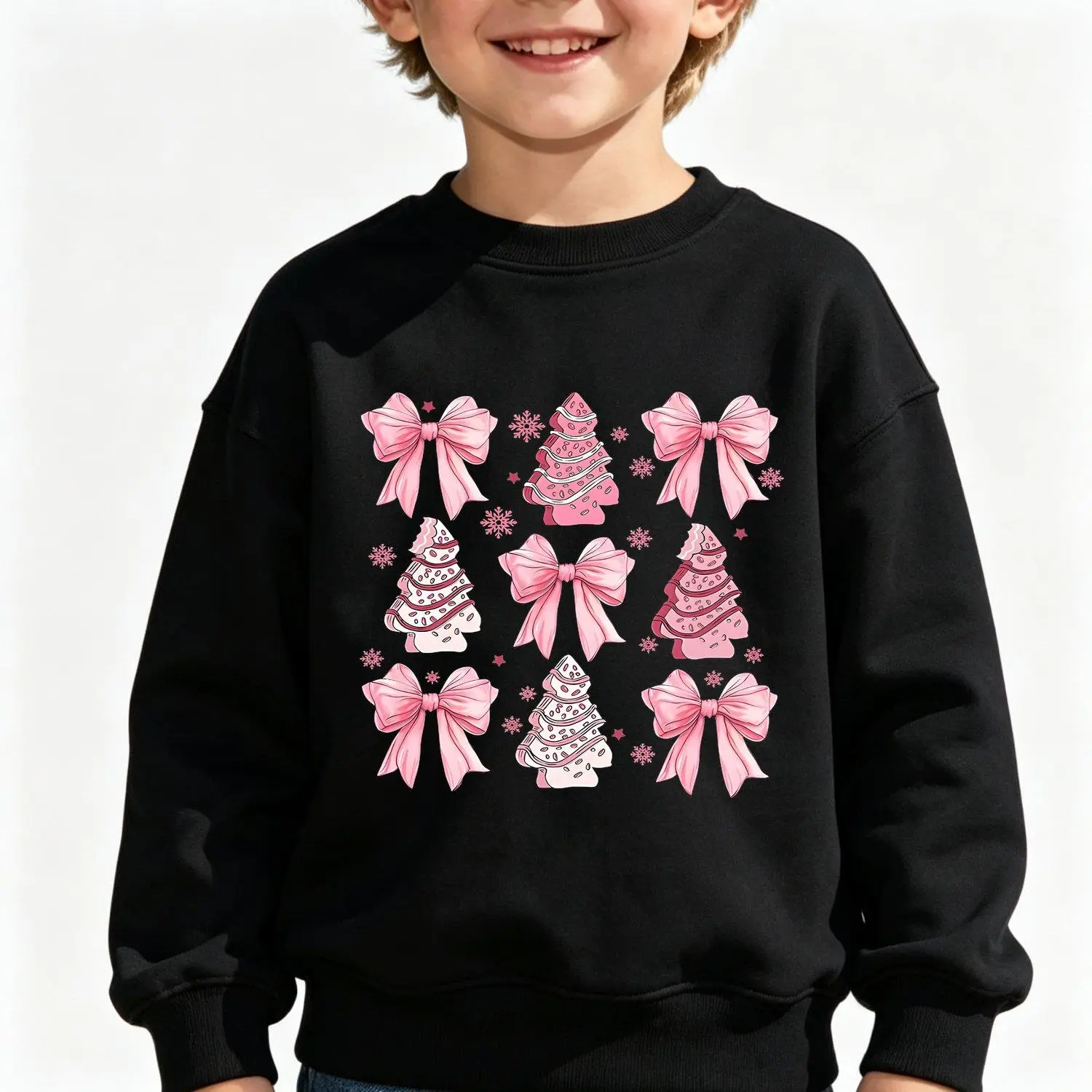 Boys Sweatshirts Christmas Tree And Bow Print 450G Crew Neck Long Sleeve Hoodie Regular Fitted Knit Jumper Slightly Elastic Suitable for Both Casual and Fashion Styles