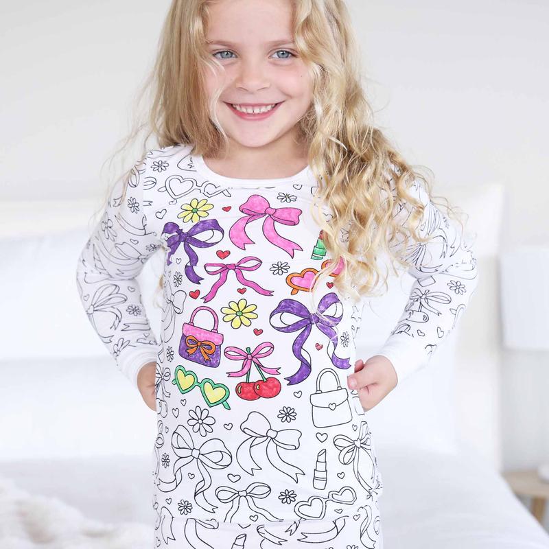 Material Girl Colorable Two Piece Pajama Set with Markers 95% Bamboo Viscose 5% Spandex Breathable for Sensitive Skin True to Size with Extra Room for Growth