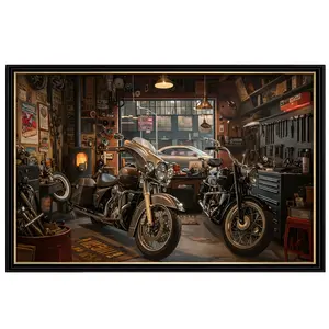 Vintage Motorcycle Garage Poster, Classic Custom Bike Workshop Wall Art with Tools and Warm Industrial Lighting, Perfect Decor for Man Cave, Garage or Office, Great Birthday or Father’s Day Gift