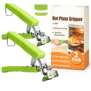 2 Pack Hot Plate Gripper Clips Holder Tongs for Moving Hot Plate Bowls Pizza Pan Air Fryer Microwave Oven with Food Out, Green