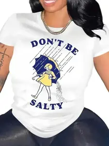 Women's "Don't Be Salty" Graphic TShirt Soft 100%25 Cotton Short Sleeve, Black with Blue Print, Rainy Day Design, Comfortable Casual Pullover for Spring and Summer whimsy  tee Top Womenswear Breathable Customized
