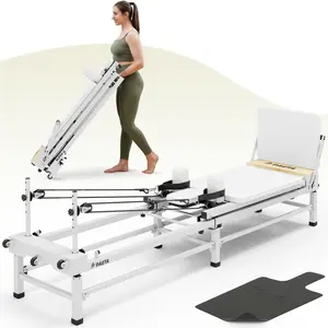 Pilates Cream Reformer, 91" Foldable Reformer Pilates Machine with Adjustable Reformer Heights, Pilates Equipment with Piano Wire Spings and Jump Boards Yoga Curve Chair Yoga Sit Fitness Training Band Workout Bands