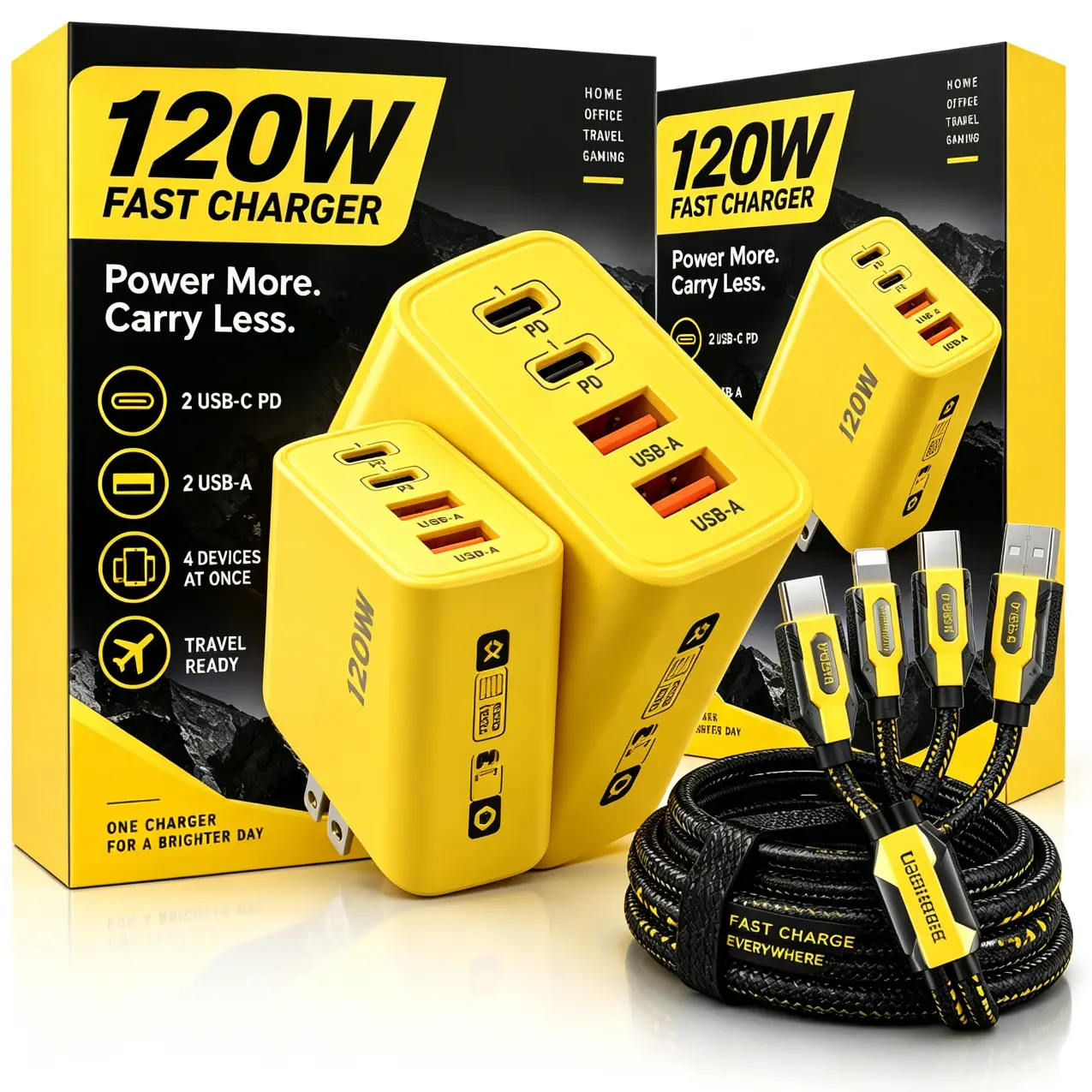 2PCS 120W Fast Charger, 4-Port USB Wall Charger with 2USB-C PD & 2 USB-A Ports, Multi-Device Charging Adapterfor Laptop, iPhone, iPad, Android & Travel