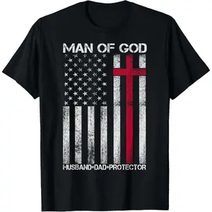 Man of God Husband Dad Protector Religious Cross Fathers Day T-Shirt Pure Cotton Graphic Tees Menswear Top: Gifts for Men & Women