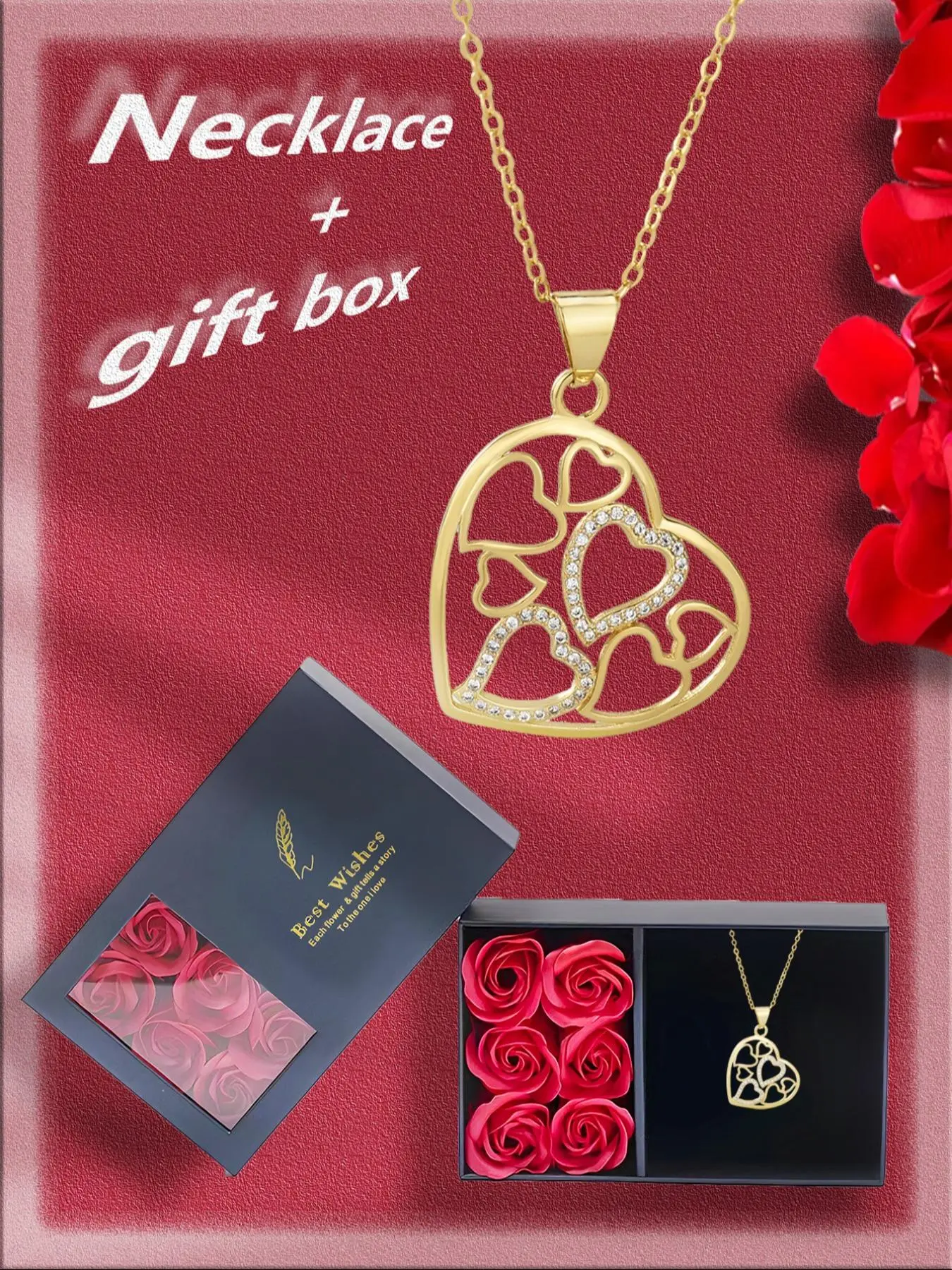 Hollow Out Heart Pendant Necklace with Rose Gift Box, Elegant Rhinestone Decor Necklace for Women for Gift, Fashion All-match Jewelry Accessories for Daily Wear