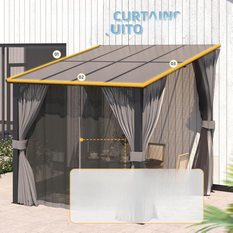 AECOJOY Gazebo for Patio, Small Wall-Mounted Lean to Pergola 8x8 Gazebo with Curtains and Netting, Hard Top Gazebo on Clearance for Lawn Backyard Garden Deck