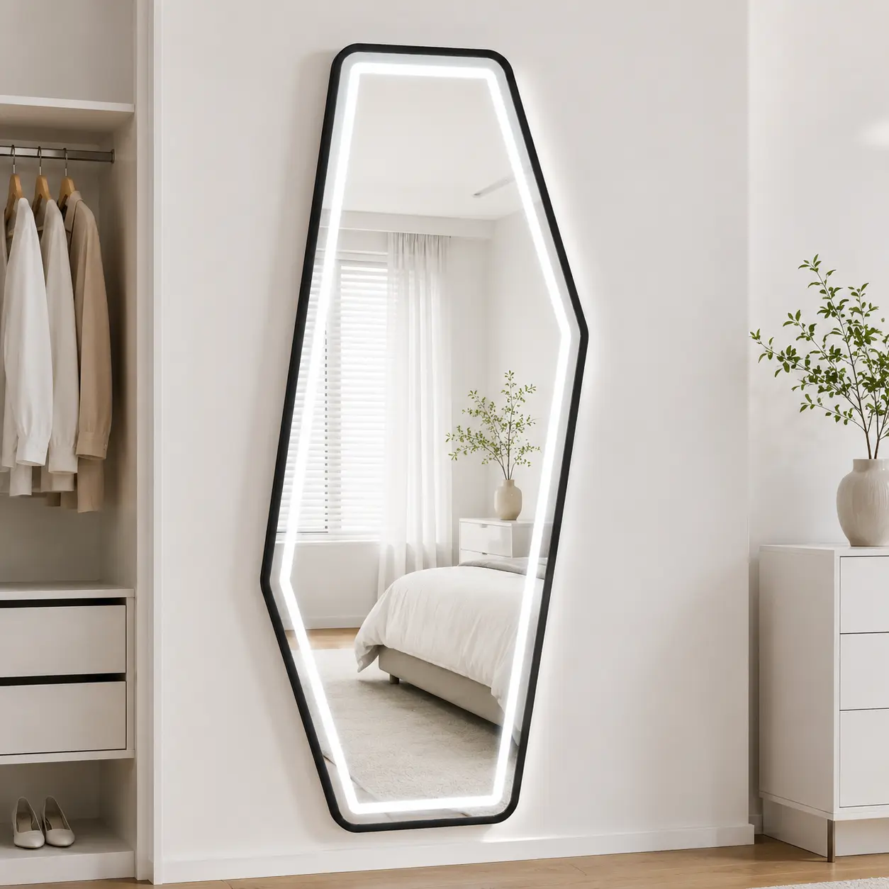 65" x 25" Irregular Geometric LED Full Length Mirror, Tempered Glass Wall Mounted Full Body Dressing Mirror with 3 Color Lighting, Dimmable Touch Control Lighted Mirror for Bedroom Closet Entryway