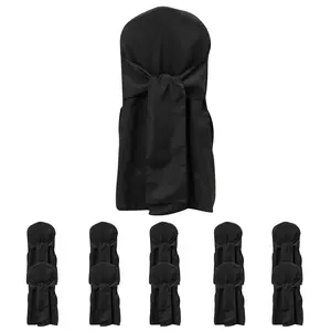 10-Pack Polyester Slip-On Banquet Chair Covers with Attached Sashes – Black Reusable Stain-Resistant Covers for Wedding & Event Decor
