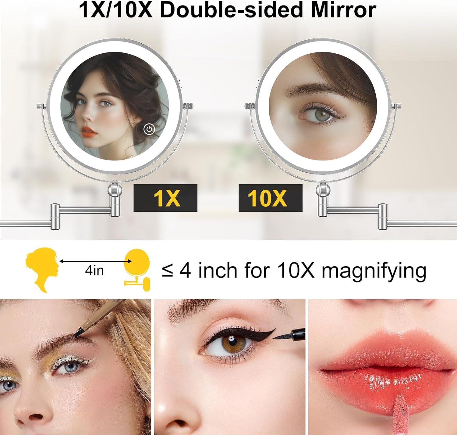 9" Wall Mounted Lighted Makeup Mirror,4000mAh Rechargeable Double Sided 1X/10X Magnifying Mirror with Light,3 Color Lights,Touch Dimmable,Extended Arm 360 Rotation Wall Mounted Makeup Mirror 9" Wall Mounted Lighted Makeup Mirror,4000mAh Rechargeable Double Sided 1X/10X Magnifying Mirror with Light,3 Color Lights,Touch Dimmable,Extended Arm 360 Rotation Wall Mounted Makeup Mirror