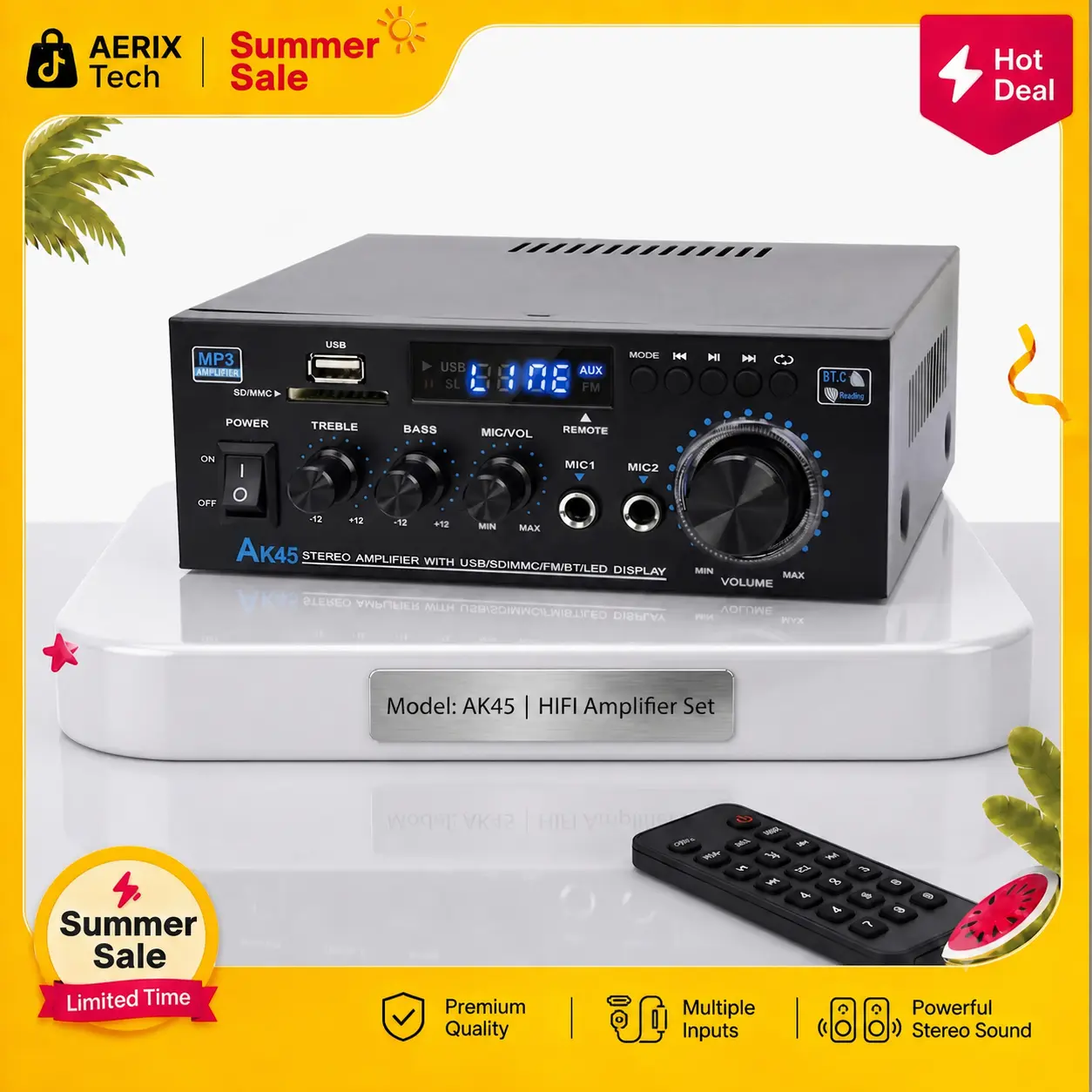 AK45 Bluetooth 5.0 HiFi 2.0 Channel Digital Stereo Amplifier with USB, SD, RCA, Dual Microphone Support, Smartphone Connection for Karaoke, Home Theater Audio Streaming