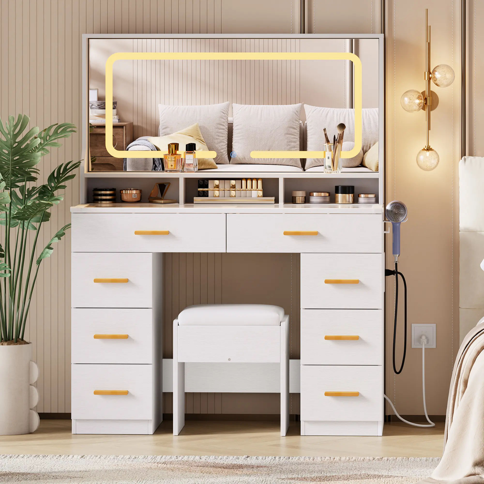 【GARVEE】Makeup Vanity Desk Set with Large LED Mirror – 8 Drawers, 3 Shelves, Glass Top, Power Outlet, Stool – Perfect for Bedroom or Dressing Room – Color: Black or Pink