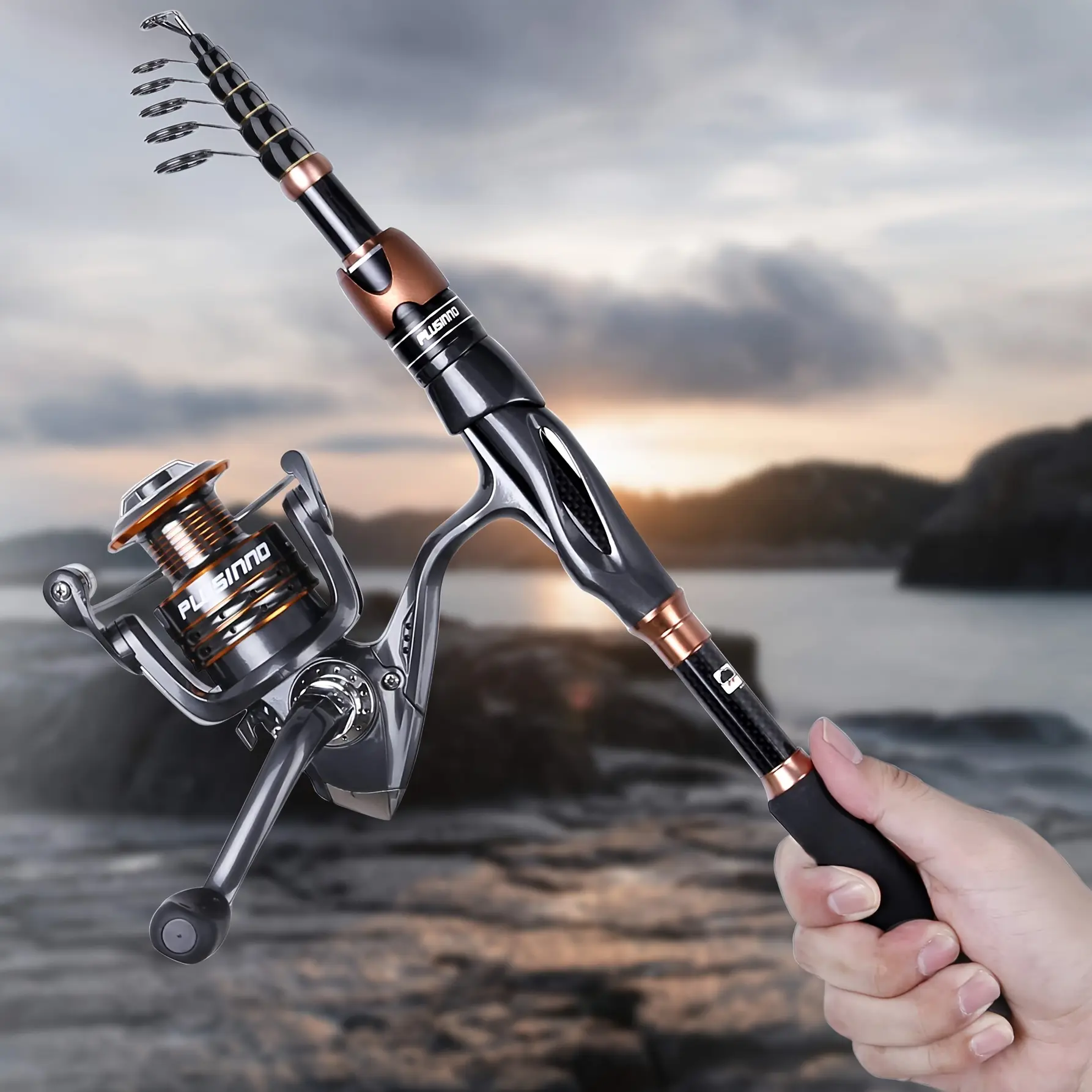PLUSINNO Premium Fishing Rod and Reel Combo - Carbon Fiber Matrix Telescopic  Rod, with 12+1