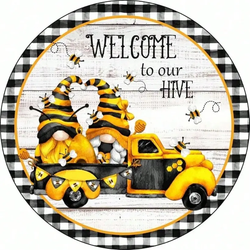 Aluminum Hive Bumble Bee Gnome Outdoor Welcome Sign Spring Door Hanger Round Wreath Art Funny Home Garden Decoration for Wall Patio