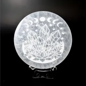 Selenite Crystal Grid Plate with Etched Lunar Design