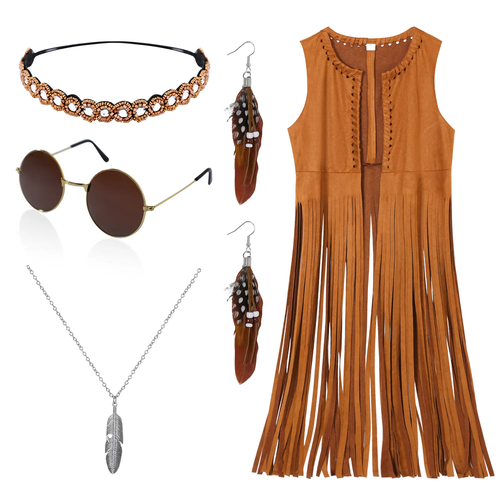 60s 70s Hippie Costume Set for Women, Retro Fringe Vest Hippy Cowgirl Outfit with Headband, Sunglasses, Earrings & Necklace, Halloween Fancy Dress Party Cosplay Kit