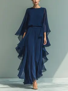 Women's Summer Navy Blue Chiffon Flutter Sleeve Top and High Waist Wide Leg Pants Set, Elegant Business Casual Two Piece Outfit with Ruffles for Office or Vacation