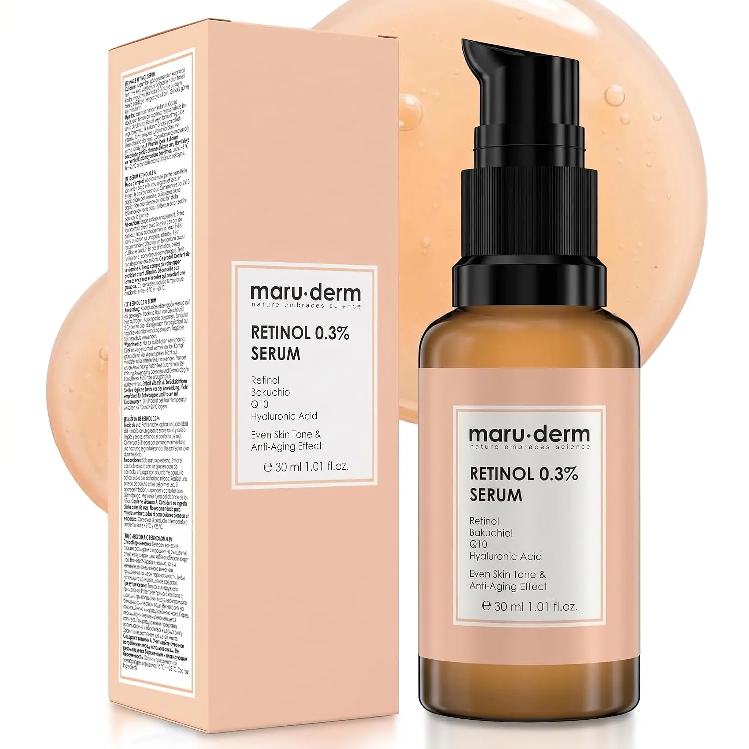 Maruderm Retinol 0.3% Serum — With Bakuchiol, CoQ10 (Ubiquinone) & Hyaluronic Acid — Smoother, Firmer-Looking Skin — 1.0 fl. oz. (30 mL)