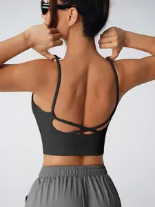 Women's Deep V Neck Criss Cross Backless Crop Top, High Elastic Nylon Fitness Yoga Underwear, Sporty Sleeveless Gym Tank Top, Gym Yoga Tops, Sleeveless Sports Top