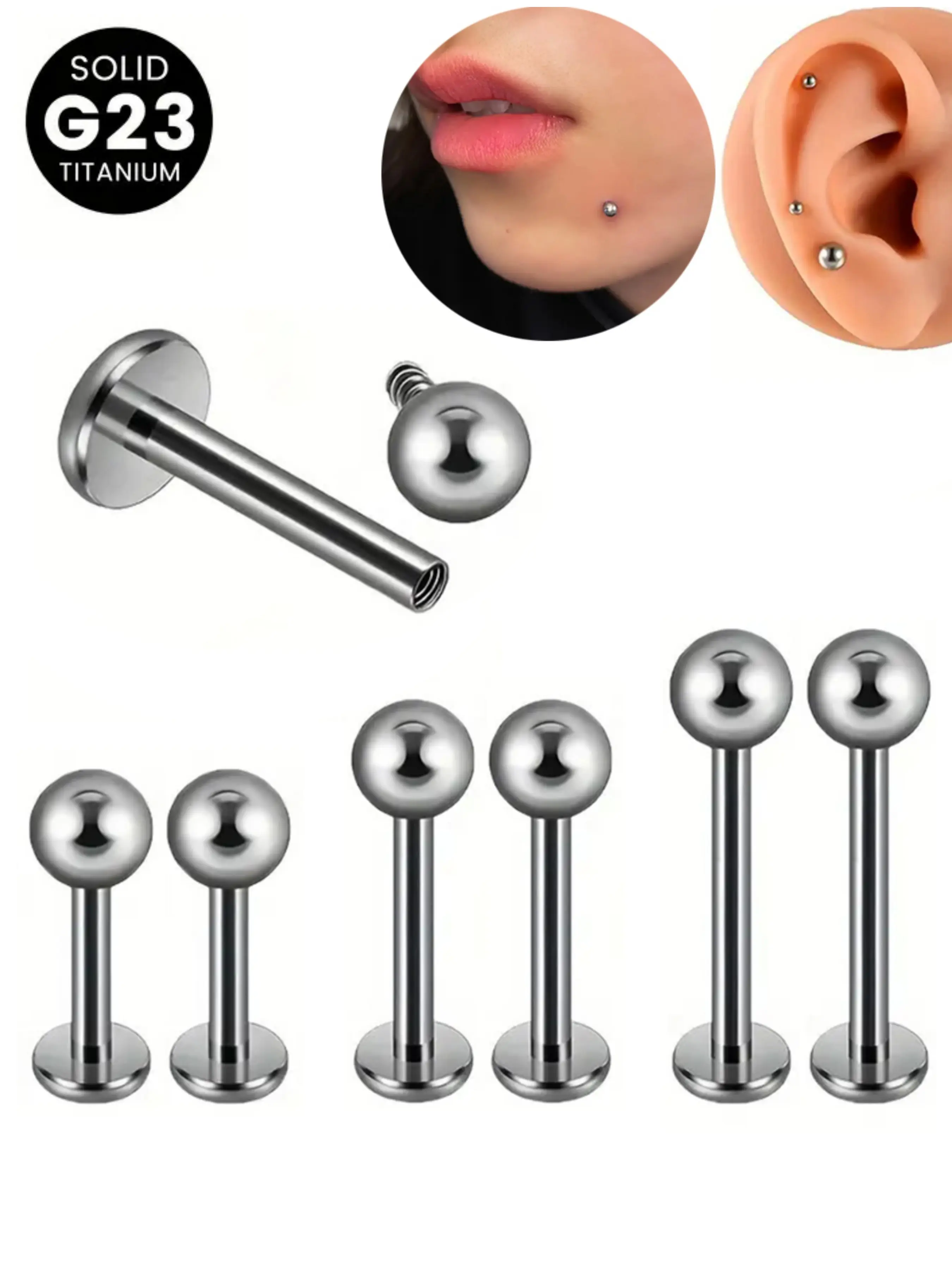 6 Pcs G23 Titanium Labret Piercing Lip Studs, 16g Ear Nose Ring Jewelry for Cartilage Tragus Monroe, Casual Body Jewelry Wholesale, Lip Piercings