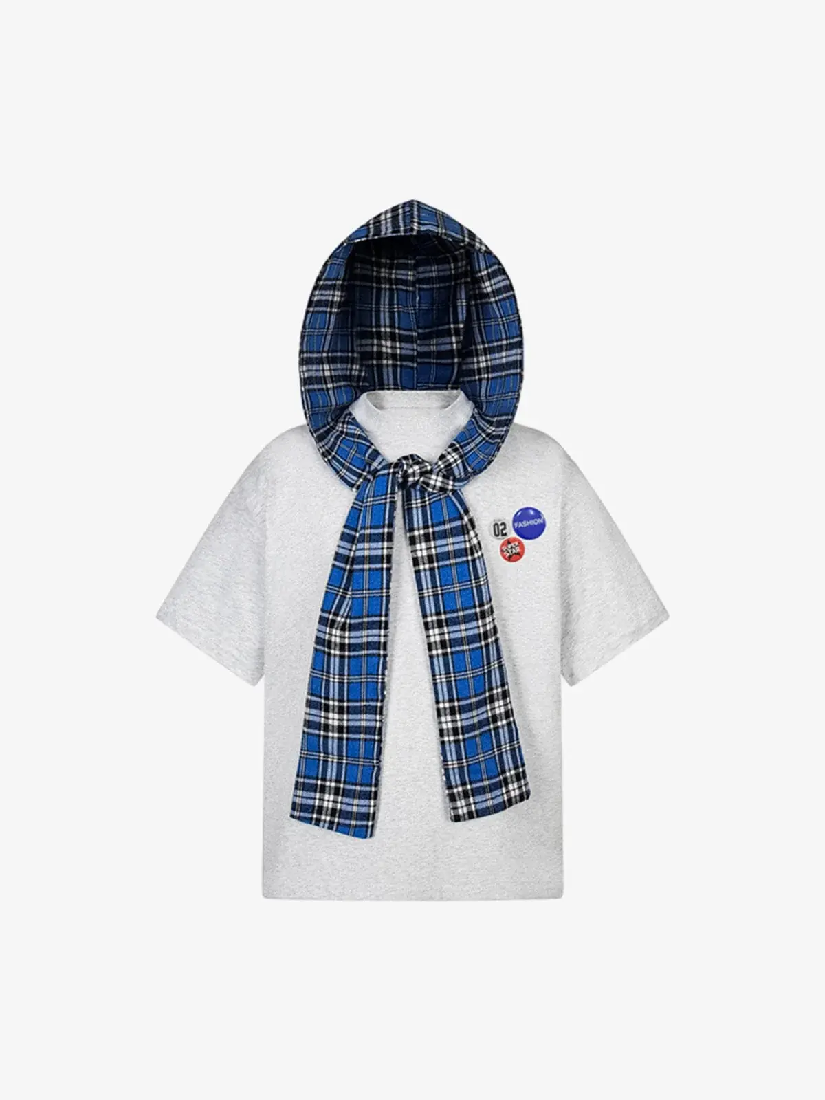 Thesupermade Jersey Knit Detachable Badge Hooded Plaid Cape T-Shirt