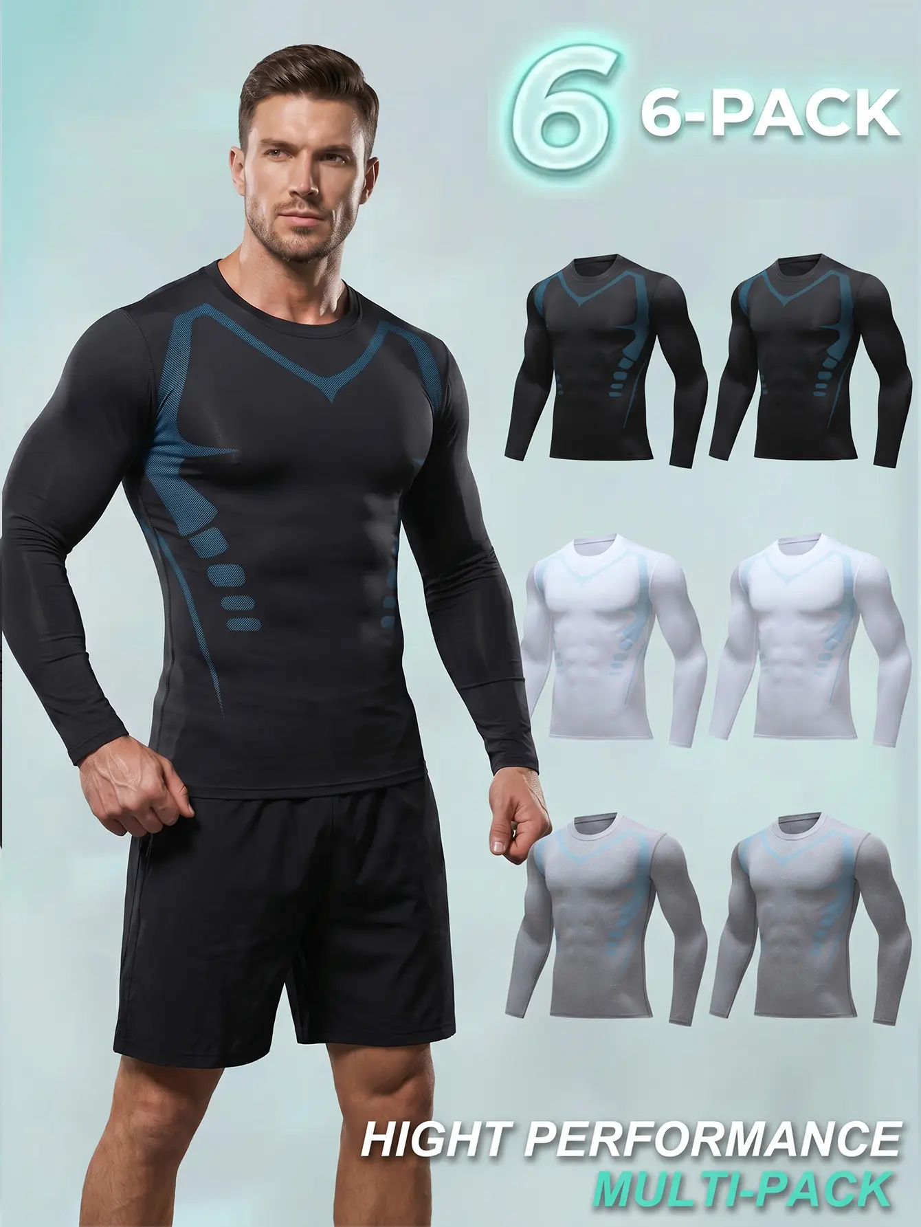 6-Pack Men's Compression Shirts, Long-Sleeve Workout Base Layers, Moisture-Wicking and Quick-Drying, Bodybuilding and Fitness Training Top Set