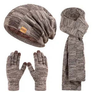 3 in 1Men Winter Beanie Hat Scarf and Gloves Set, Warm Knit Pom Pom Hat with Fleece Lined Long Scarf and Touchscreen Gloves